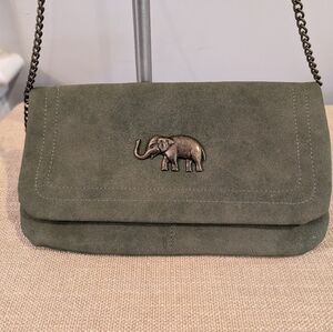 Francesca's Brassy Elephant Charm Wallet/Clutch Olive Green NWT Faux Suede Outer